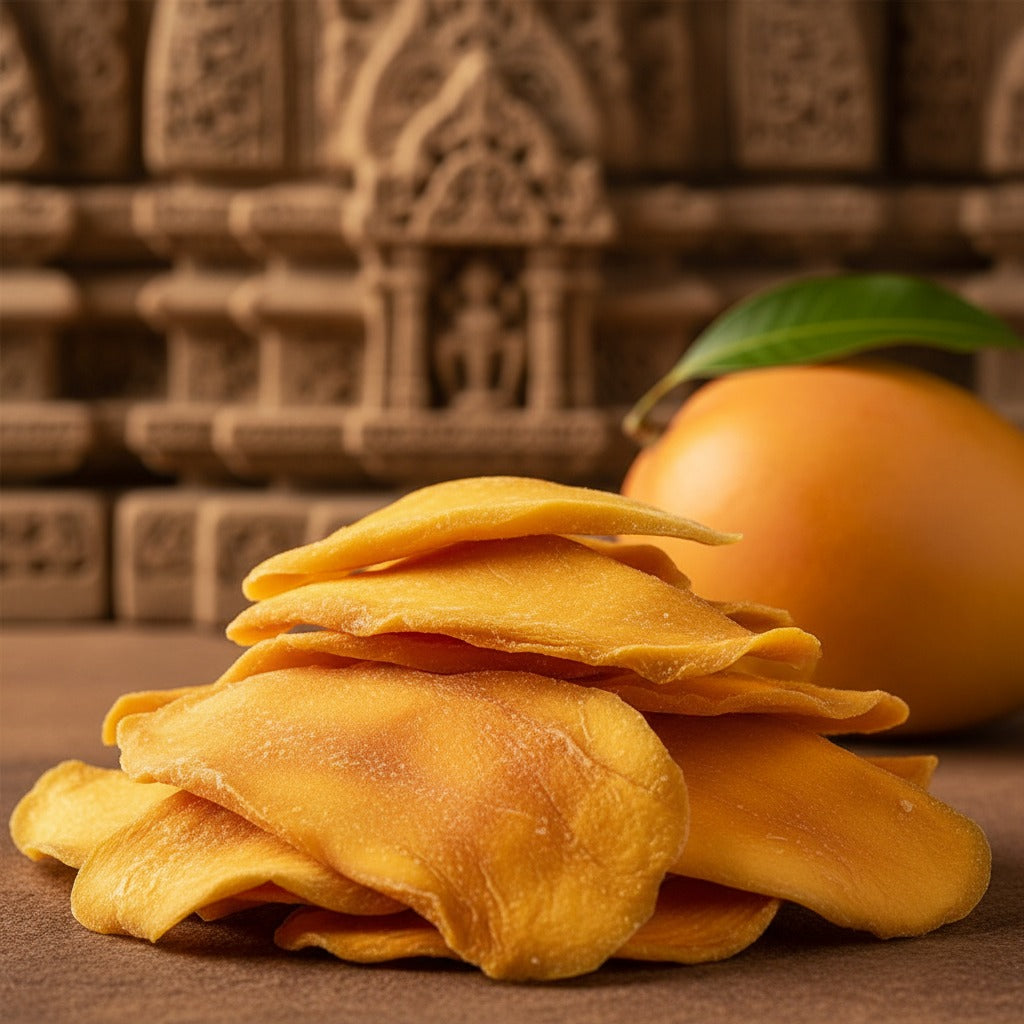 Liela kaltētu mango šķēlīšu kaudze kadra centrā, fonā izplūdis grebts indiešu smilšakmens un svaigs mango ar zaļu lapu
