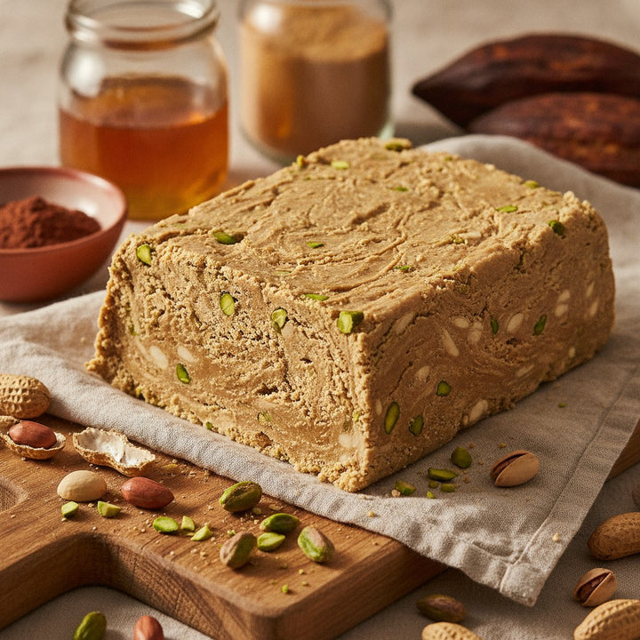 Halva, kurā zemesrieksti un pistācijas darbojas kopā