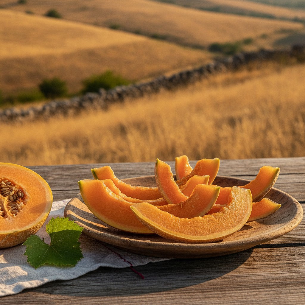 Kaltētas melones šķēlītes uz koka dēļa, fonā Anatolijas vasaras ainava saulrieta gaismā