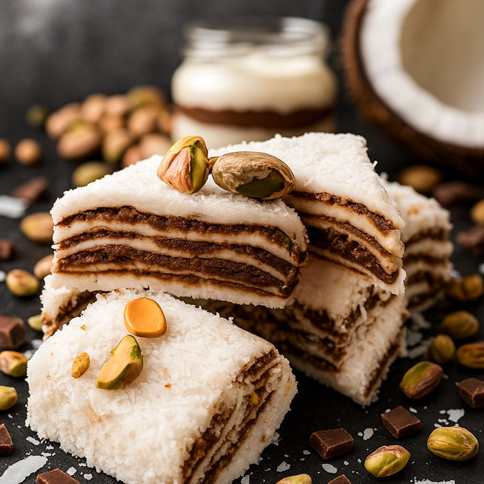 Lukuma tortīte ar kokosu un pistācijām