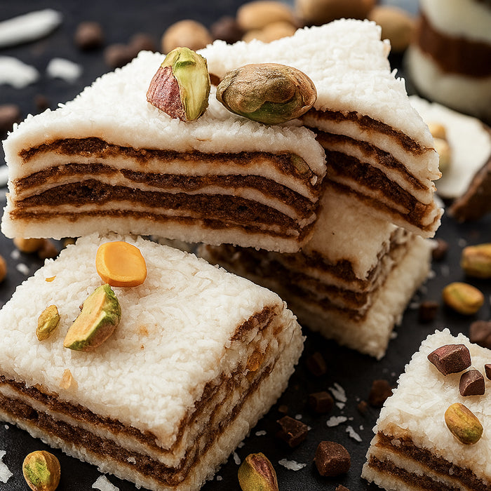 Lukuma tortīte ar kokosu un pistācijām