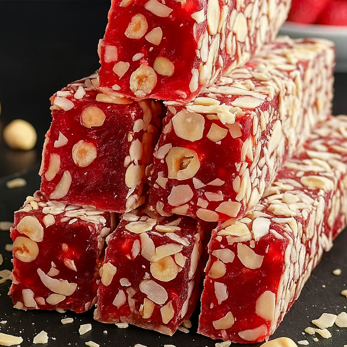 Lokum mit Erdbeergeschmack und Haselnüssen