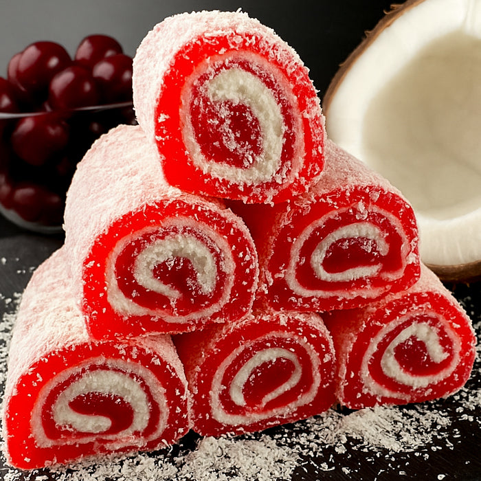 Lokum mit Kirschgeschmack und Kokosraspeln