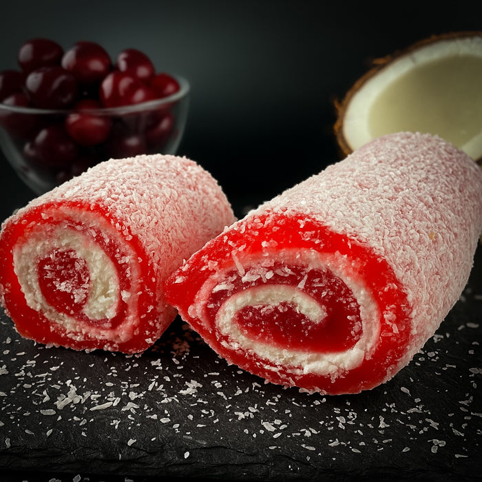 Lokum mit Kirschgeschmack und Kokosraspeln